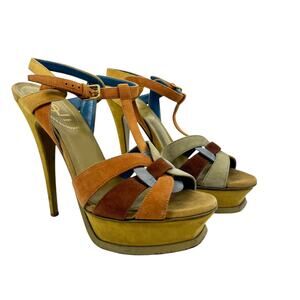 Yves Saint Laurent Tribute Sandals Suede Leather Multicolor Platform Size 37.5